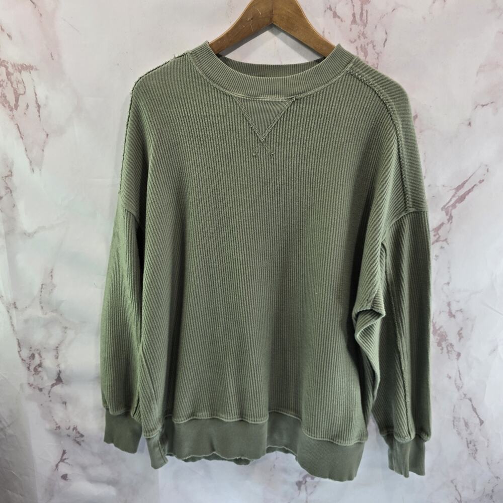 Aerie Shirt Womens XS Green Crew Neck Oversized Slouchy Ribbed Thermal
